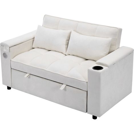 Sofá cama 3 en 1 extraíble de 2 plazas beige con respaldo ajustable, USB y mesa oculta (1/5)