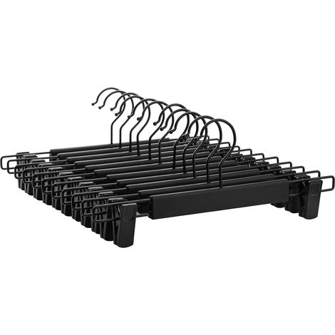 Hosenbügel, 12 Stück, Kleiderbügel, große Tragfähigkeit, mit Clips, hochwertiger Rockbügel aus Kunststoff, platzsparend, 360° drehbarer Haken, 29 cm lang, schwarz