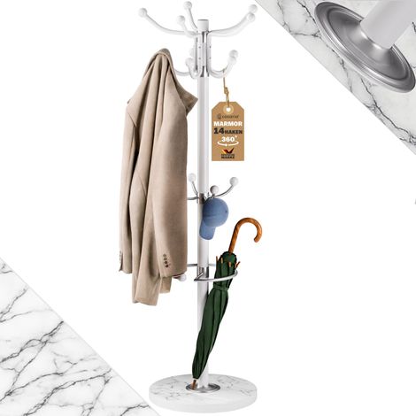CASARIA® Elegant Coat Rack with Black Marble Base and 14 x 360° Rotatable Hooks Sturdy & Stylish Clothing Organiser for Hallways, Foyers & Offices 37 x 37 x 175cm White