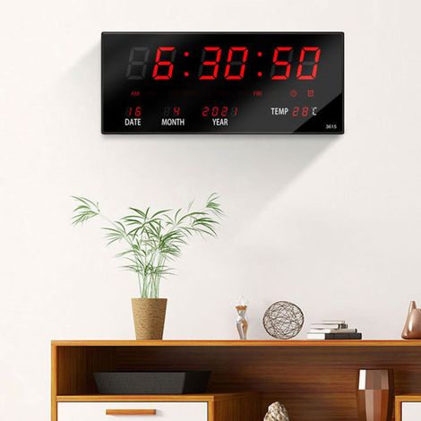 Digitale LED-Wanduhr mit rotem Kalender – Elektronische Uhr mit Speicherfunktion, Nachtlicht und individuell anpassbarer LED-Beleuchtung für das Wohnzimmer – Material: Kunststoff – Abmessungen: 36 x 1
