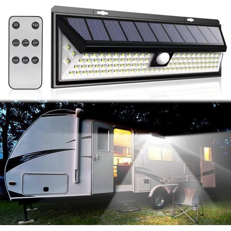 Solarbetriebene Leuchte für Wohnmobile – Bewegungsmelder – 118 LEDs – Mit Fernbedienung – Wasserdicht – Für Wohnmobilreisen und Wohnwagen (1/5)