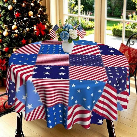 Nappe ronde imprimée en 2D, motif patchwork vintage drapeau américain à rayures étoilées, idéale pour la cuisine, la salle à manger, le jardin ou la terrasse. (1/4)