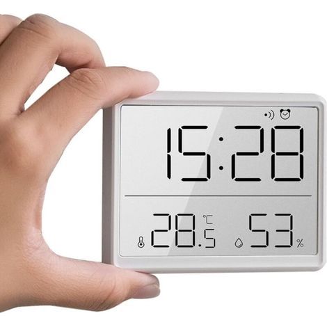 Intelligenter digitaler Wecker, magnetisches Design, Anzeige von Innentemperatur und Luftfeuchtigkeit, hochauflösendes Display, Zeit- und Datumsanzeige, batteriebetrieben – weiß (1/5)