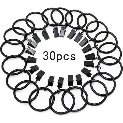 Lot de 30 anneaux de rideaux en métal antirouille – Diamètre intérieur 32mm – Clips pour tringle jusqu'à 25mm – Finition polie