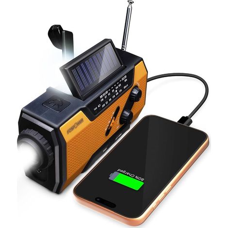 Radio d'urgence FosPower NOAA A1 7400 mWh avec batterie externe intégrée, AM/FM, charge USB/solaire/manivelle, alarme SOS et lampe torche intégrée pour urgences intérieures et extérieures - Orange (1/5)