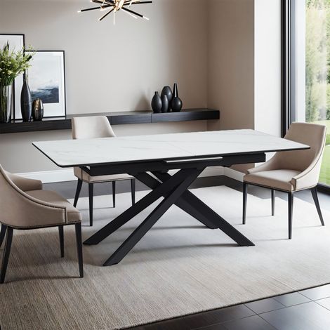 M&S – Table extensible 180-220 cm en céramique effet marbre blanc – Pieds en métal anthracite – Design moderne pour salle à manger