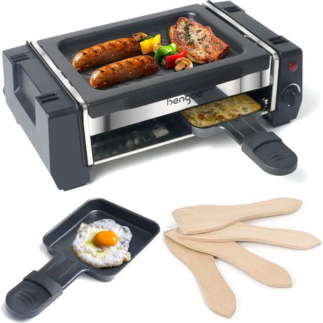 Mini Appareil à Raclette 2 Personnes, Plancha Électrique, 500 W  Gril électrique de table avec plaque antiadhésive réglable, 2 poêlons et 4 spatules pour griller et faire fondre le fromage