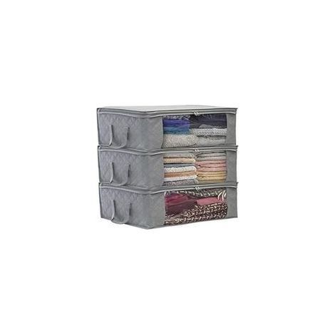 (3 piezas, gris) Bolsa de almacenamiento plegable para ropa, 49 x 36 x 21 cm, bolsa de almacenamiento para debajo de la cama, tela no tejida gruesa e impermeable, adecuada para edredones, mantas, almo (1/4)