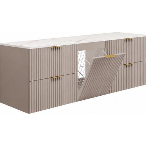 Mobile bagno sospeso sottolavabo con cesto portabiancheria, cachemire / piano marmo Bianco, maniglie nere, 160 x 46 x 57 cm (1/5)