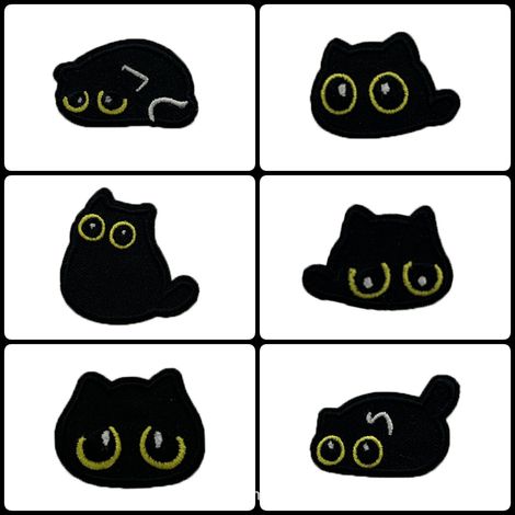 Patchs brodés noirs - Lot de 6 appliqués en tissu cartoon Autocollants décoratifs brodés pour vêtements, sacs et cahiers DIY