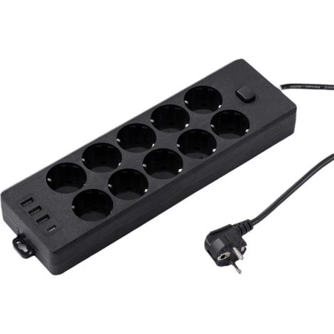 Multiprise 8 Prises avec 1 Port USB C,3 Port USB A (5V3,4A/17W) Parasurtenseur Parafoudre et Surtension avec Interrupteur Cordon 2m pour Smartphone Tablette- Noir