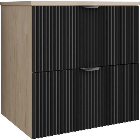 Mobile da bagno con frontale scanalato 60 cm con 2 cassetti, noce chiaro (MDF), con frontale nero, con maniglia nera, 60 x 47 x 60 cm (1/5)