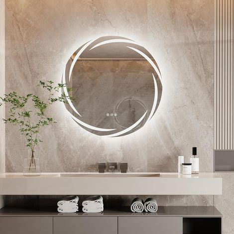 60cm Specchio Bagno LED Luce Retroilluminato Rotondo Design Vortice, Dimmerabile Luce, Antiappannamento, Interruttore Touch, Memoria (1/5)