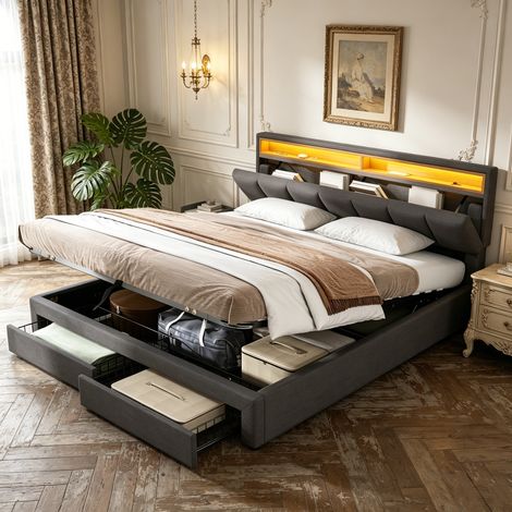 Lit coffre 140x190 cm avec 2 tiroirs, Lit capitonné lin, Tête de lit avec éclairage LED et rangement, hydraulique de rangement, Sommier à lattes bois