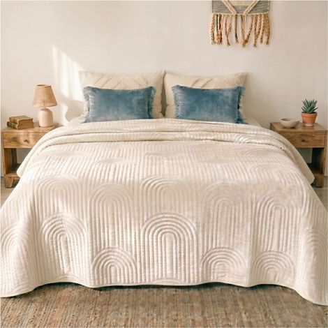 Couvre-lit 200 x 220 cm - Style bohème - En velours - Jeté de lit - Jeté de canapé - Couverture matelassée (crème) (1/5)