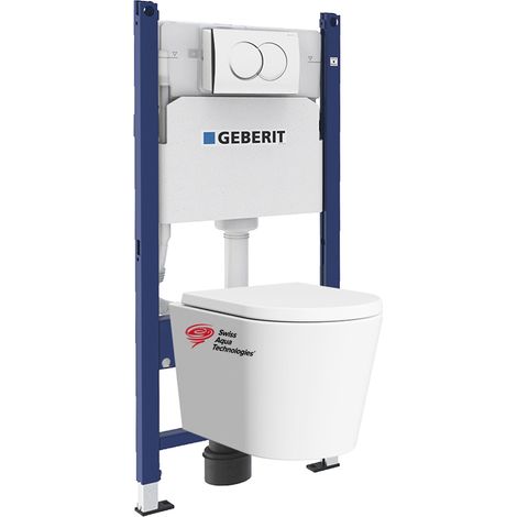 Pack Bati-support GEBERIT 112cm + Cuvette Swiss Aqua Technologies sans bride + Plaque blanche (SATrimlessGeb3)