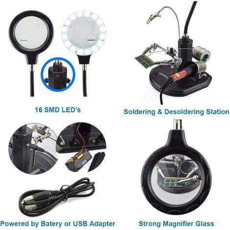 Loupe - Support Fer à Souder - Lampe LED 16SMD - Pied Flexible 265 mm - 3 Pinces Crocodile - Plateau Intégré - 1 Unité (1/5)