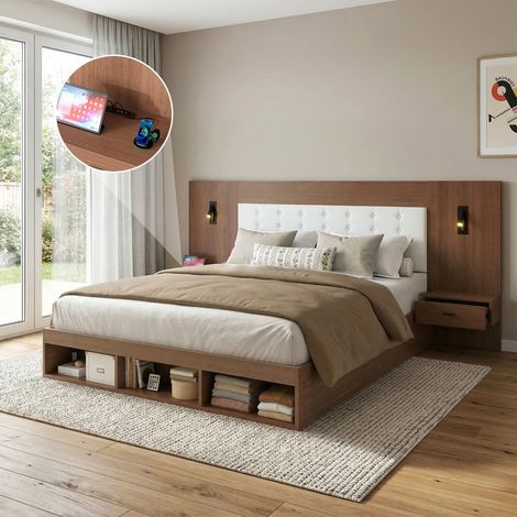 Lit double 180x200 bois avec rangement et tiroirs marron (1/4)