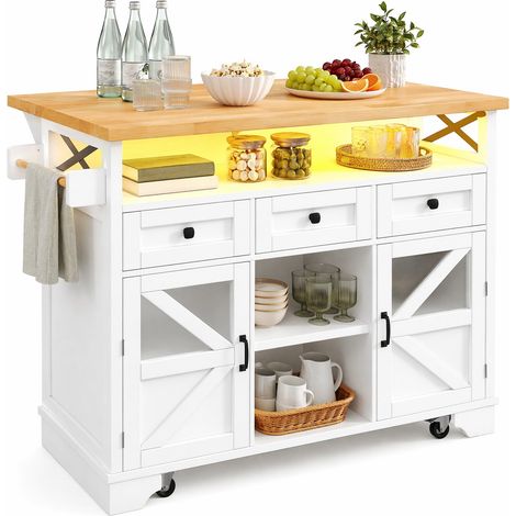 CHICFURN Isla de cocina móvil 120x71x98 cm MDF blanco con tablero abatible y LED (1/5)