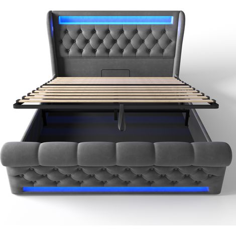 Doppelbett 140 x 190 cm aus grauem Samt mit LED, USB- und Type-C-Anschlüssen, MODENUIT (1/5)