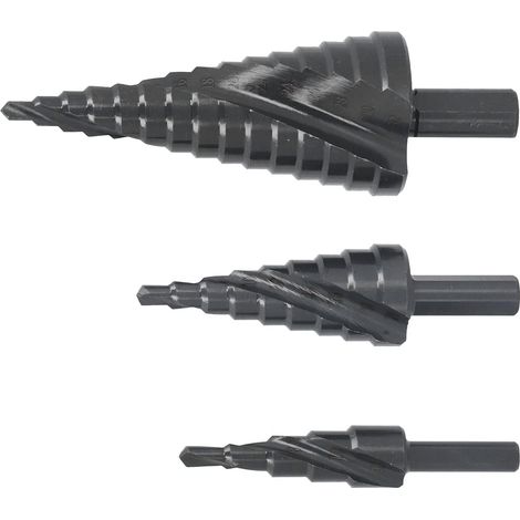 3-Piece set of universal spiral flute step drill bit, High-step two-flute design high-speed steel step cone drill bit is smoother and faster, Suitable for thin iron, suitable for PVC board, Suitable f (1/5)