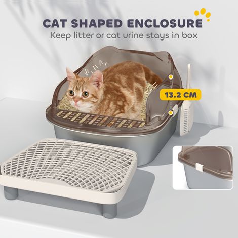 Durable Charcoal Grey Cat Litter Box with High Sides, Locking Buckles, Stainless Steel Tray, and Cleaning Scoop for Cats up to 11 lbs