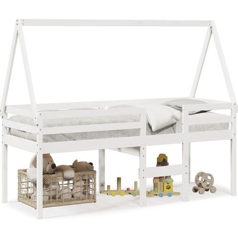 Lit haut blanc (matelas non inclus), 90x200 cm, en pin massif. (1/5)