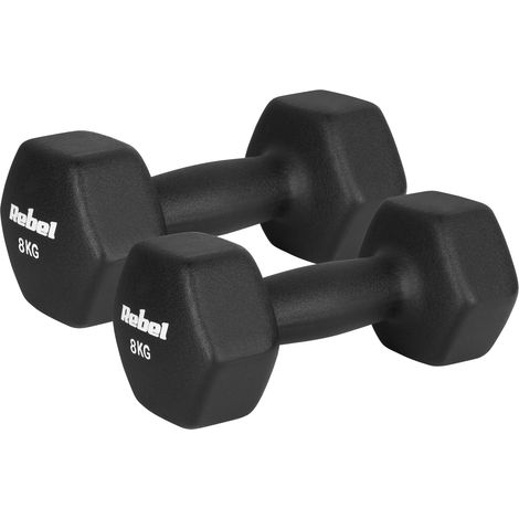 Mancuernas hexagonales de neopreno de hierro fundido (2 x 8 kg) para ejercicios de entrenamiento Rebel Fitness. (1/4)