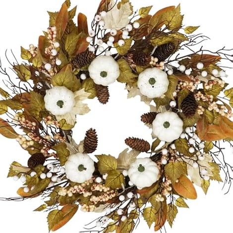 Couronnes d'automne de 61 cm pour porte d'entrée avec citrouille blanche Couronnes d'automne de Thanksgiving pour porte d'entrée extérieure Couronne de récolte d'automne (1/5)