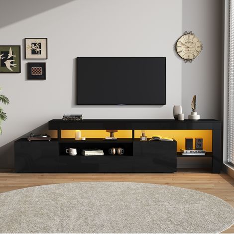 Meuble TV LED 192 x 37 x 53 cm, 3 portes, finition brillante, noir, REDOM (1/5)