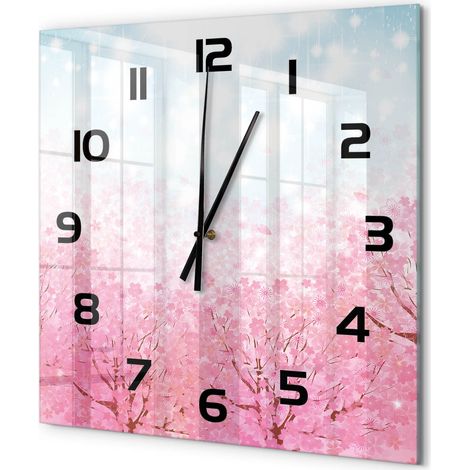 Grande Horloge Murale Carrée Décoration Cuisine en Verre Trempé Silencieuse Moderne Fleurs de cerisier 60x60 cm (1/5)