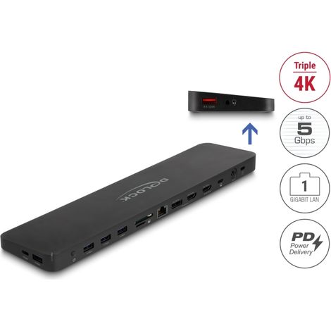 Delock EstaciÃ³n de acoplamiento de triple pantalla USB Type-Câ¢ con DisplayLinkÂ® 4K / USB 5 Gbps / LAN / SD / Audio / PD 80 W