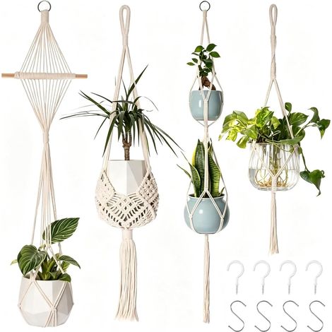 Lot de 4 Suspensions Macramé pour Plantes en Coton avec Crochets (1/5)