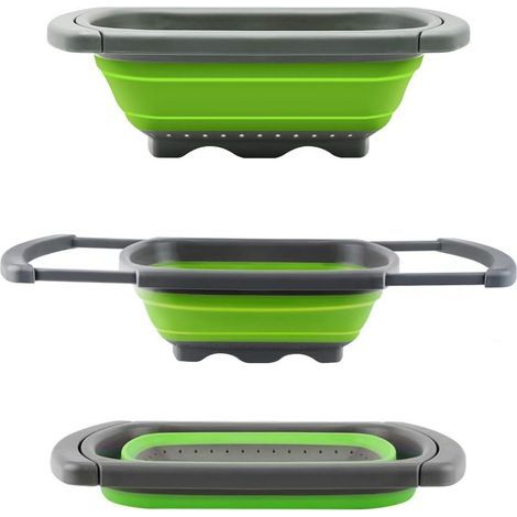 Passoire rétractable passoire pliable à poser au-dessus du lavabo pour fruits et légumes, passoire avec poignées extensibles - Vert - 39x26x4.2 cm (1/5)