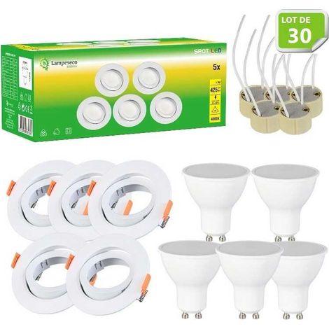 Lampesecoenergie – Lot de 30 spots LED GU10 4.9W orientables – 120° angle de diffusion – Lumière blanche neutre – Installation directe 230V – Ø90mm recouvrement (1/5)