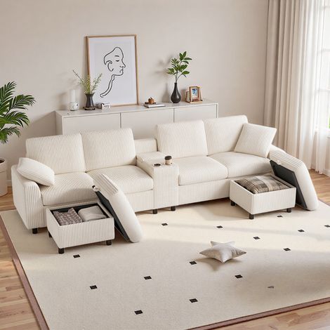 Seyakany Canapé d'angle en velours côtelé avec 2 poufs de rangement,2 porte-gobelets,port USB-C,prises de courant,canapé 4 places,beige (1/5)