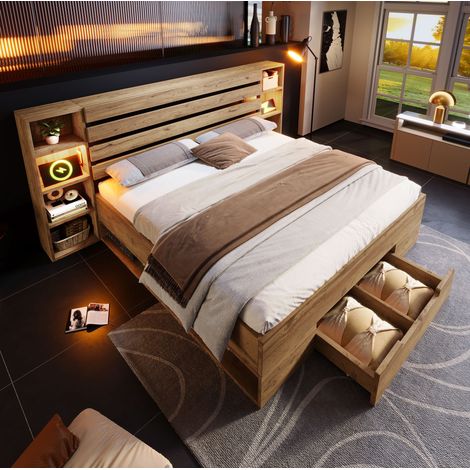 Cama doble 180/200 cm roble de metal y madera con LED, USB-C y almacenaje (1/5)
