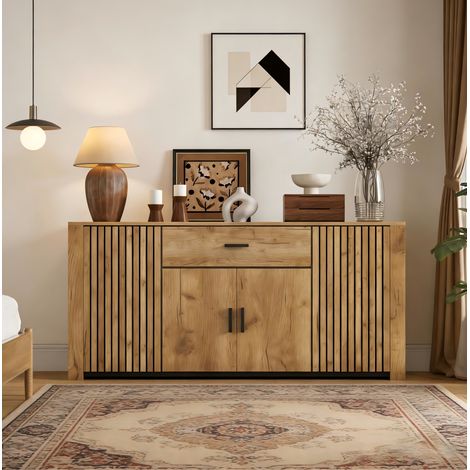 Credenza 160x40x75 cm con 4 porte e 1 cassetto, ripiani regolabili, pannello truciolare, colore legno (1/5)