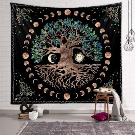 QORVA-Tapisserie murale arbre de vie - Motif lune et soleil - Noir - Tapisserie murale psychédélique - Mandala - Ciel étoilé - Tapisserie hippie pour chambre à coucher (1/5)