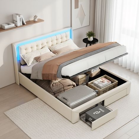 Polsterbett Doppelbett 140 x 190 cm mit LED-Beleuchtung, mit hydraulisch und Stauraum, Modern Jugendbett,  Bettgestell mit Kopfteil und Lattenrost, Velour Beige
