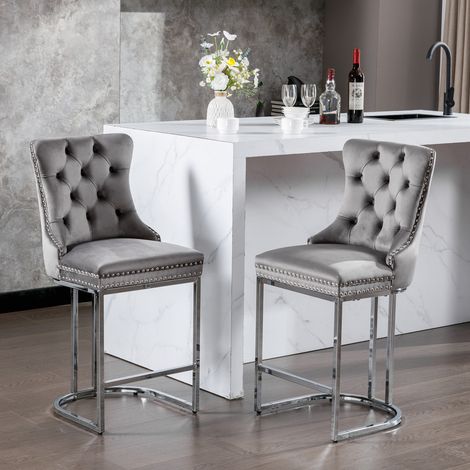 Set di 2 sgabelli da bar in velluto grigio 54x46x97 cm con poggiapiedi – MEUBLIV (1/5)