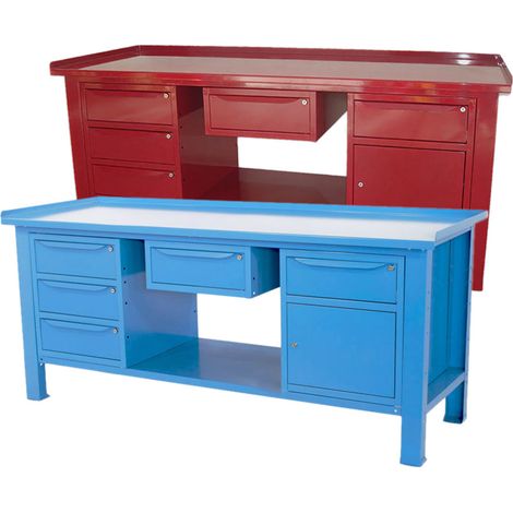 Banco lavoro SOGI 2m piano acciaio + cassetto + armadio a 3 cass + armadio anta cassetto - blu/rosso, ColoreBlu (1/5)