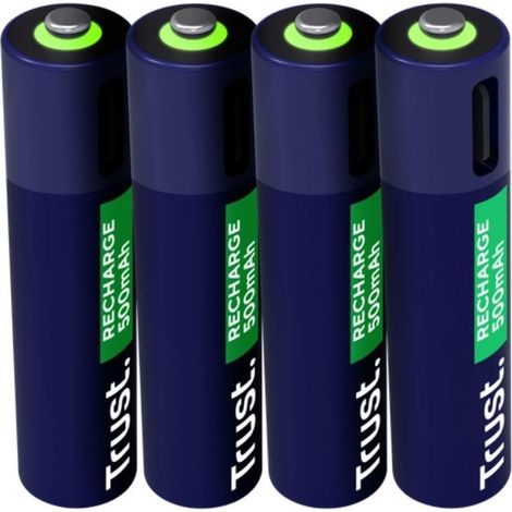 Trust AAA USB-C Akkus 4 Stück, integrierter USB-C Anschluss, kein Ladegerät erforderlich de Akku, Kapazität 500 mAh, Aufladen mit Cable USB Inklusive/Ladegerät de Telefon, Paket de 4