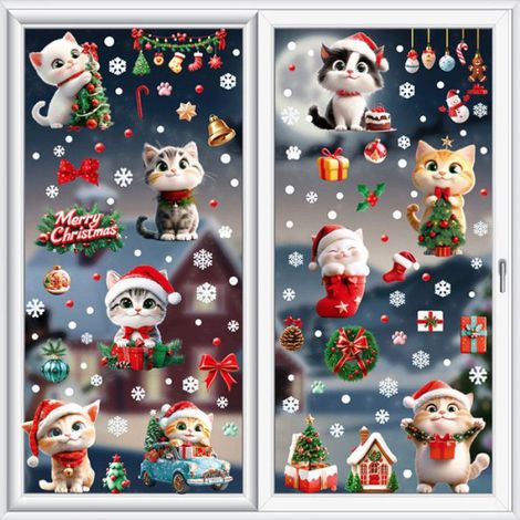Autocollant Noel - Maison Noel Chat Flocon Neige - Decoration Fenetre PVC - 9 Feuilles 20x30 cm (1/5)