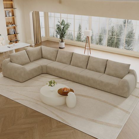 Sofá esquinero de espuma, sofá panorámico modular XXL de 6 plazas para salón, tejido de chenilla sin estructura interna, 401x200x85 cm, Caqui (1/5)