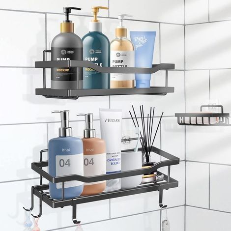 Étagère de Douche sans Perçage, Lot de 3 Étagère Murale de Salle de Bain avec 4 Crochets, Serviteur de Douche Rangement D'Organisateur Pour Toilette, Dortoir et Cuisine, Noir (1/5)