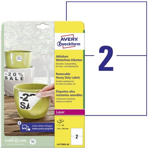 Etiquette plastique Avery-Zweckform L4717REV-20 210 x 148 mm film de polyester blanc 40 pc(s) décollable (1/4)