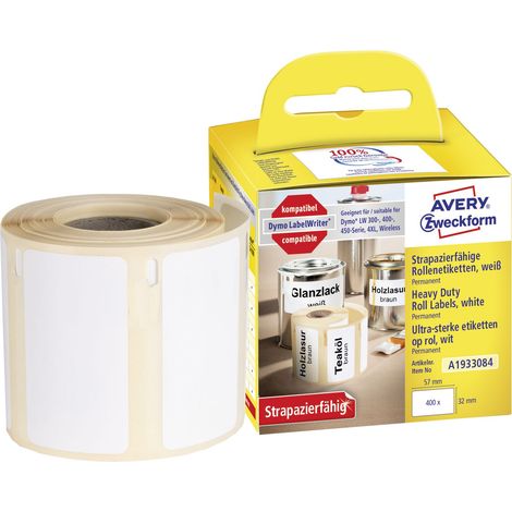 Avery Zweckform A1933084 Rollen-Etiketten, Strapazierfähige Etiketten auf Rolle, 32 x 57 mm, 1 Rolle/400 Etiketten, weiß (1/5)