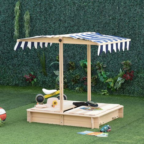 Bac à sable pour enfants avec auvent réglable en hauteur, 2 bancs et dossiers amovibles pour terrasse, 106 x 106 x 115 cm, naturel (1/5)