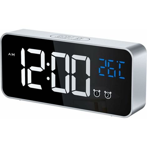 Digitaler Wecker, LED-Digitaluhr mit Temperaturanzeige/Schlummerfunktion/2 Alarme/12/24-Stunden-Anzeige/USB-Ladeanschluss/16 Melodien (Silber)